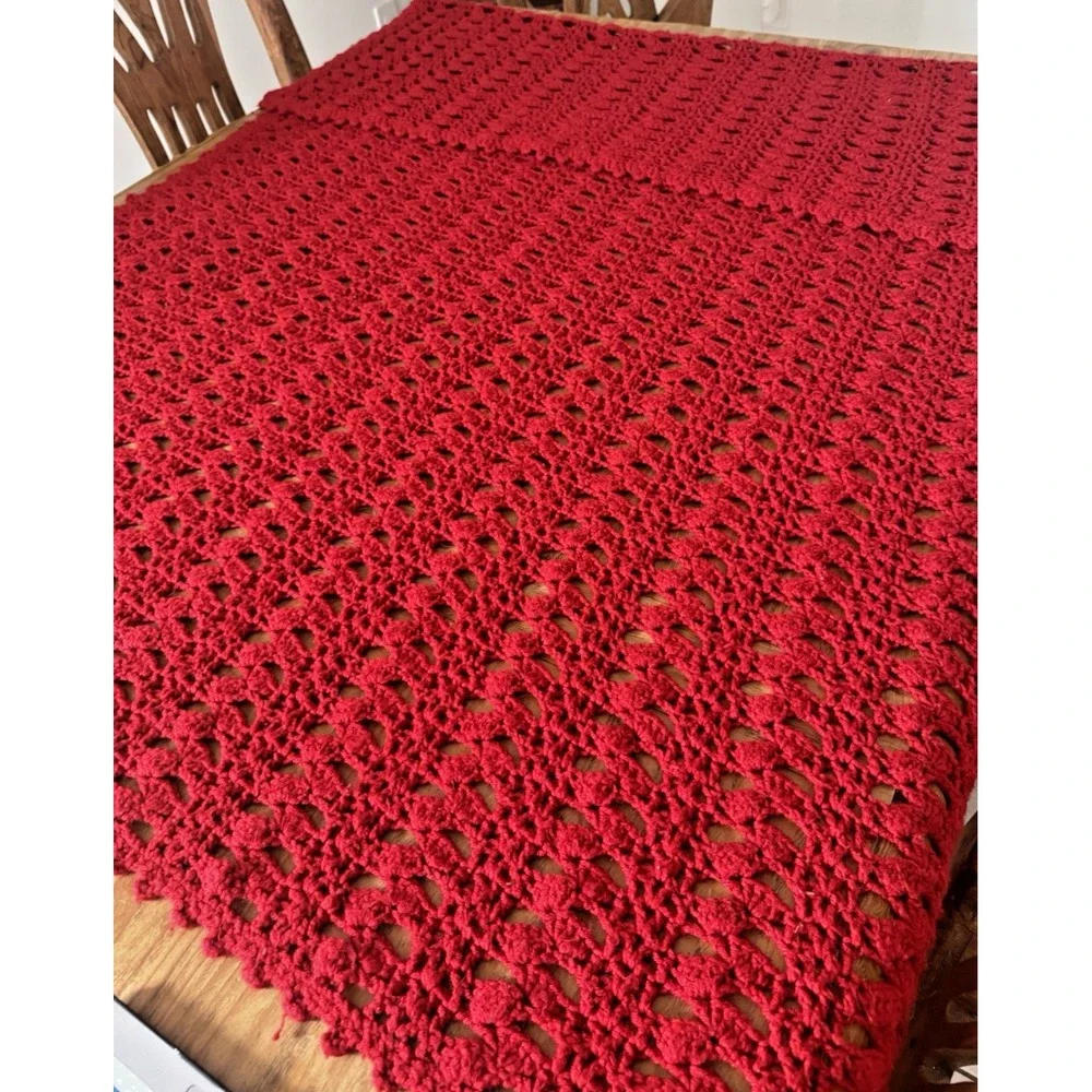 Hand Crocheted Red Throw Blanket | Vintage Boho Cottage Knit Afghan